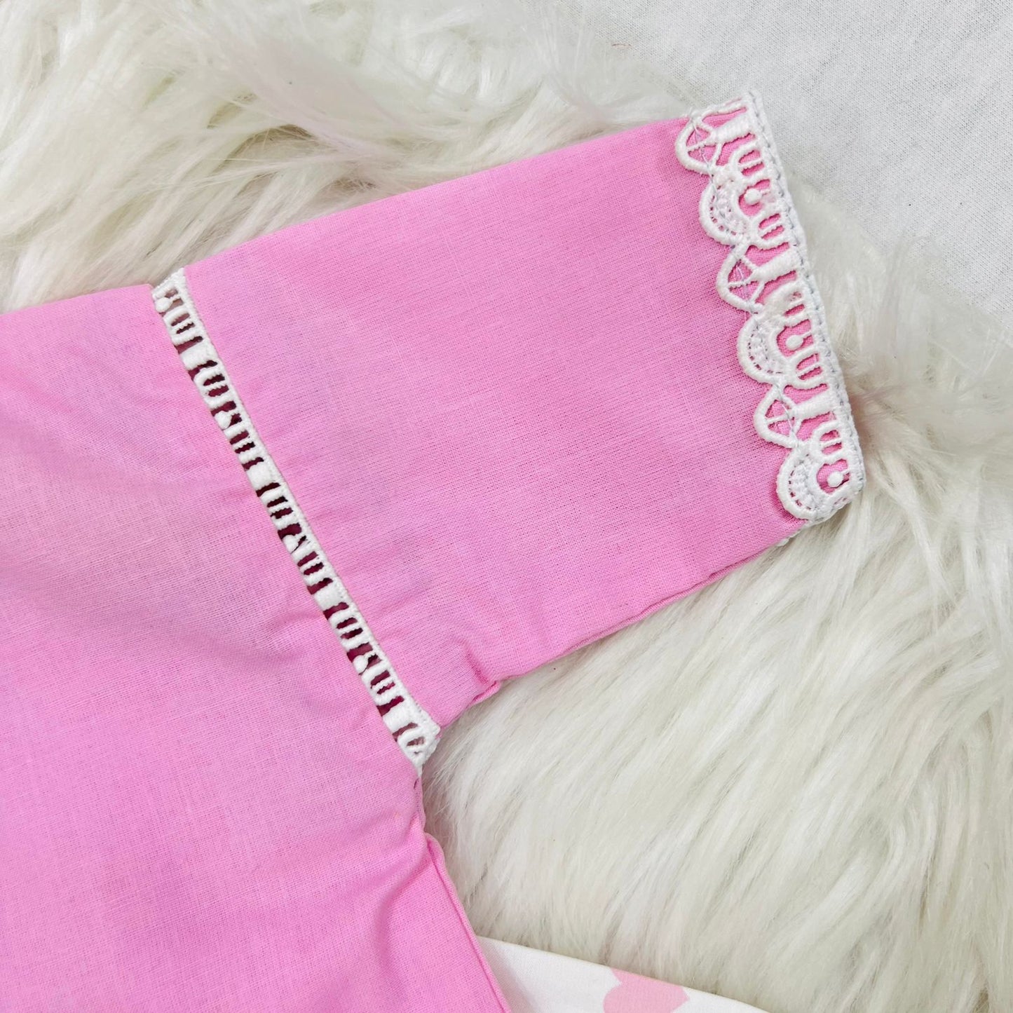 Two Piece Cord Set Pink Rose Top White Pink Rose Heart Print Shlawar Cotton Stuff