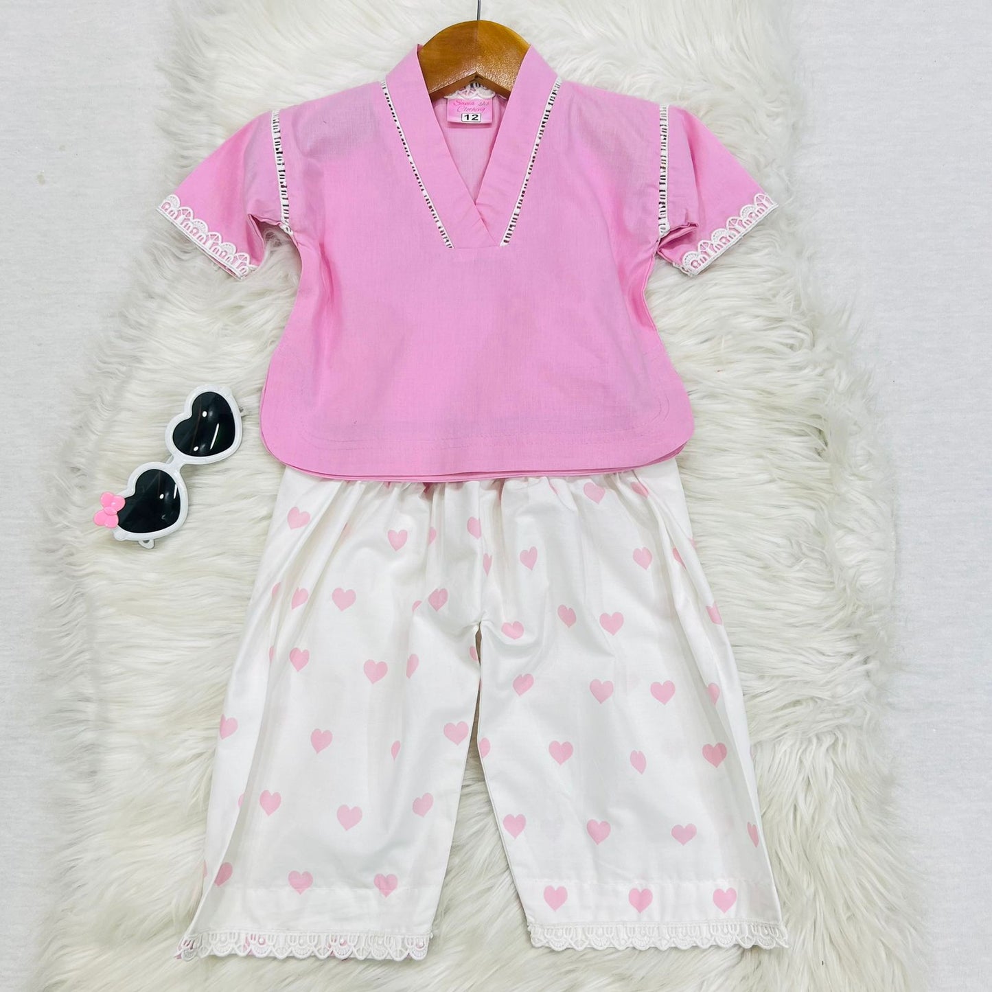 Two Piece Cord Set Pink Rose Top White Pink Rose Heart Print Shlawar Cotton Stuff