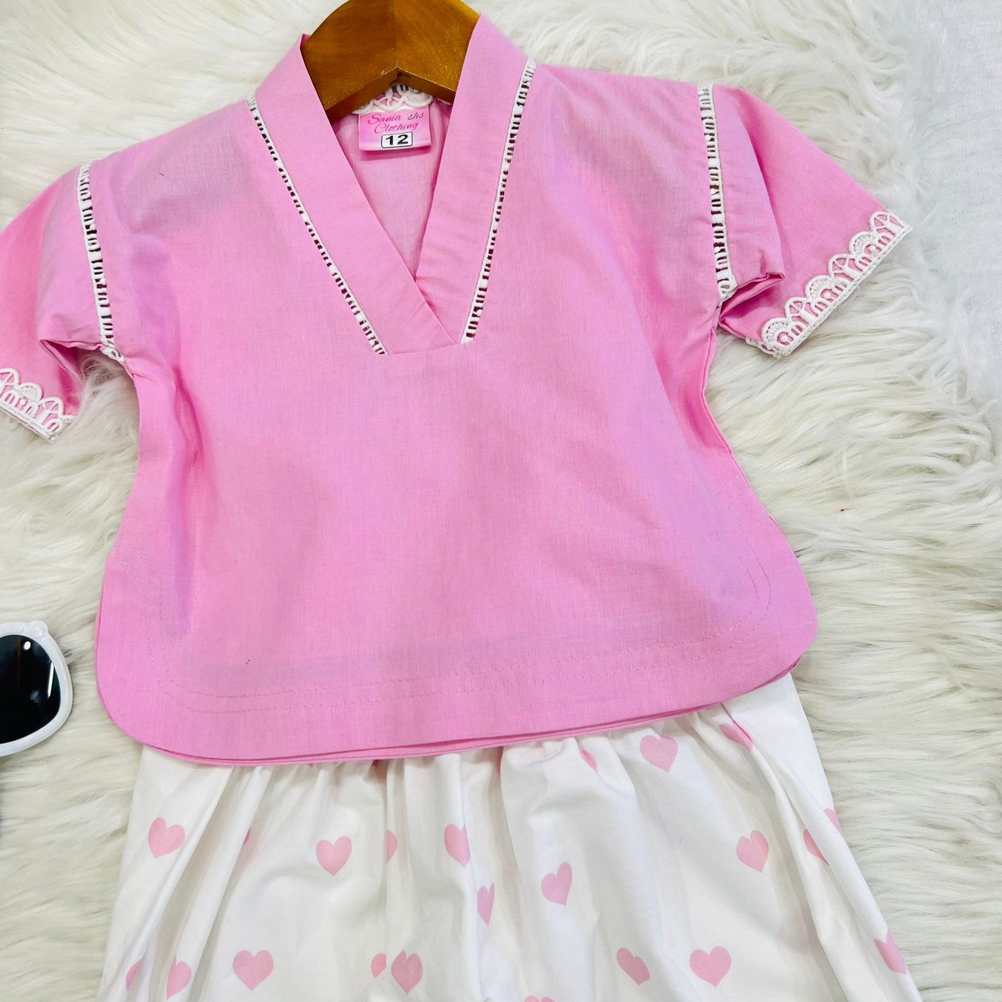 Two Piece Cord Set Pink Rose Top White Pink Rose Heart Print Shlawar Cotton Stuff