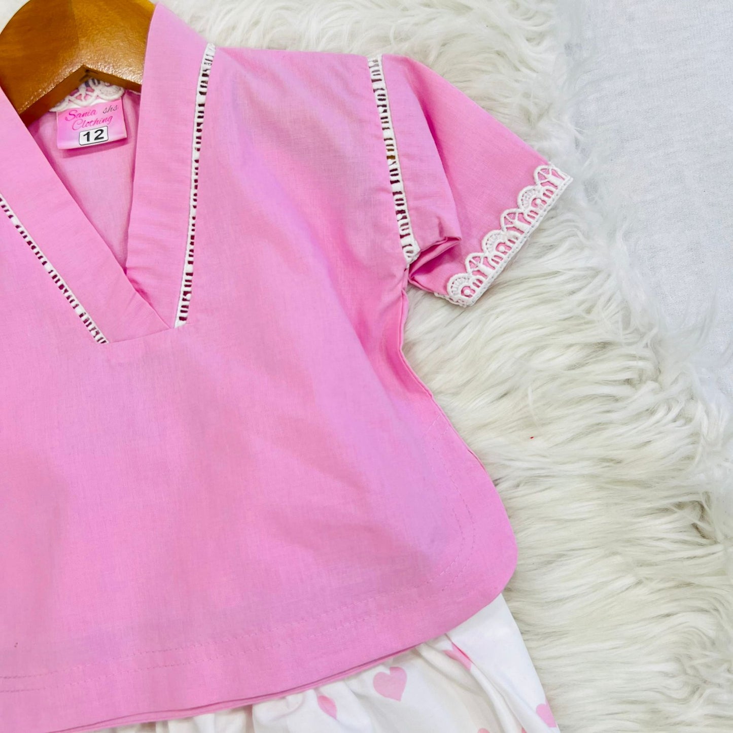 Two Piece Cord Set Pink Rose Top White Pink Rose Heart Print Shlawar Cotton Stuff