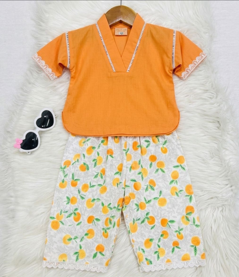 Orange Top White Print Trousers 2 Piece Cord Set Cotton