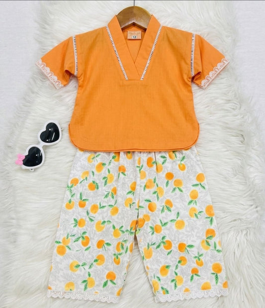 Orange Top White Print Trousers 2 Piece Cord Set Cotton