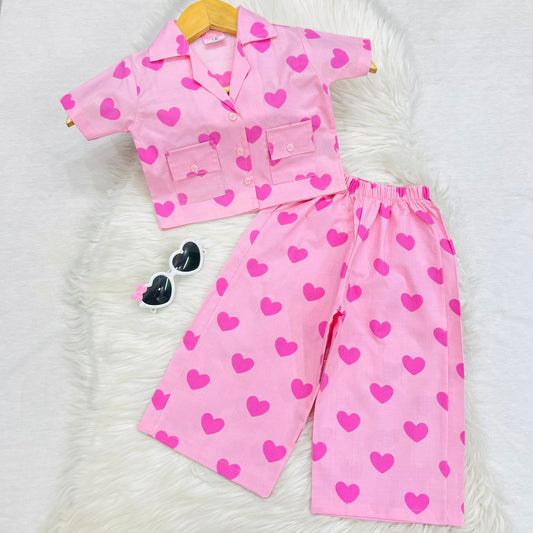 Baby Pink Heart Printed 2 Piece Cord Set Cotton Stuff