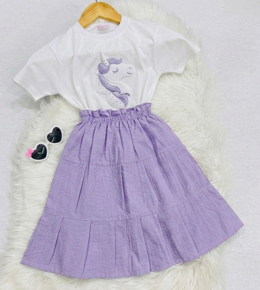 White Unicorn Blended Top Lilac Long Skirt Cotton