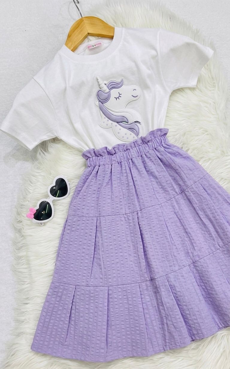 White Unicorn Blended Top Lilac Long Skirt Cotton