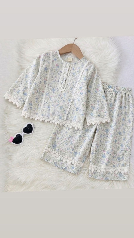 White Floral Print Kurta Trouser 2 Piece Cotton Stuff