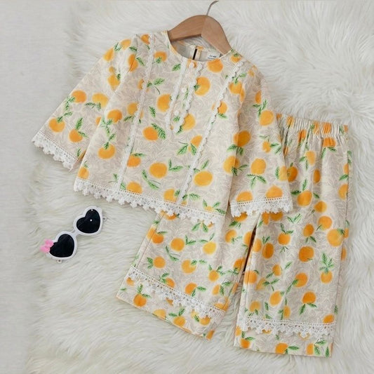 White Orange Print Kurta Trouser Cotton Stuff