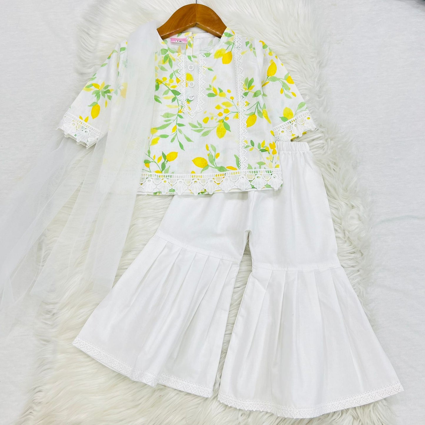 White Lemon Print Top With White Trimming Lace White Garara Net Duppatta Cotton Stuff
