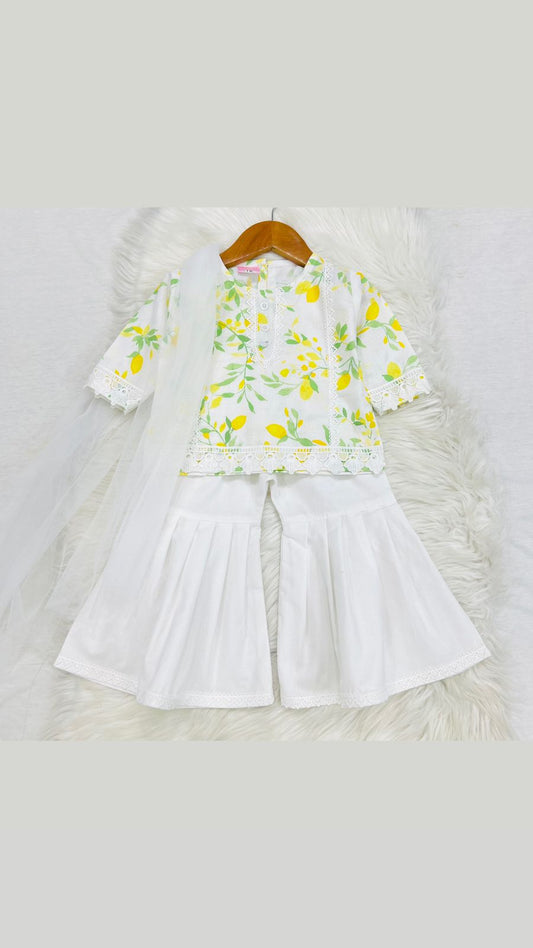 White Lemon Print Top With White Trimming Lace White Garara Net Duppatta Cotton Stuff