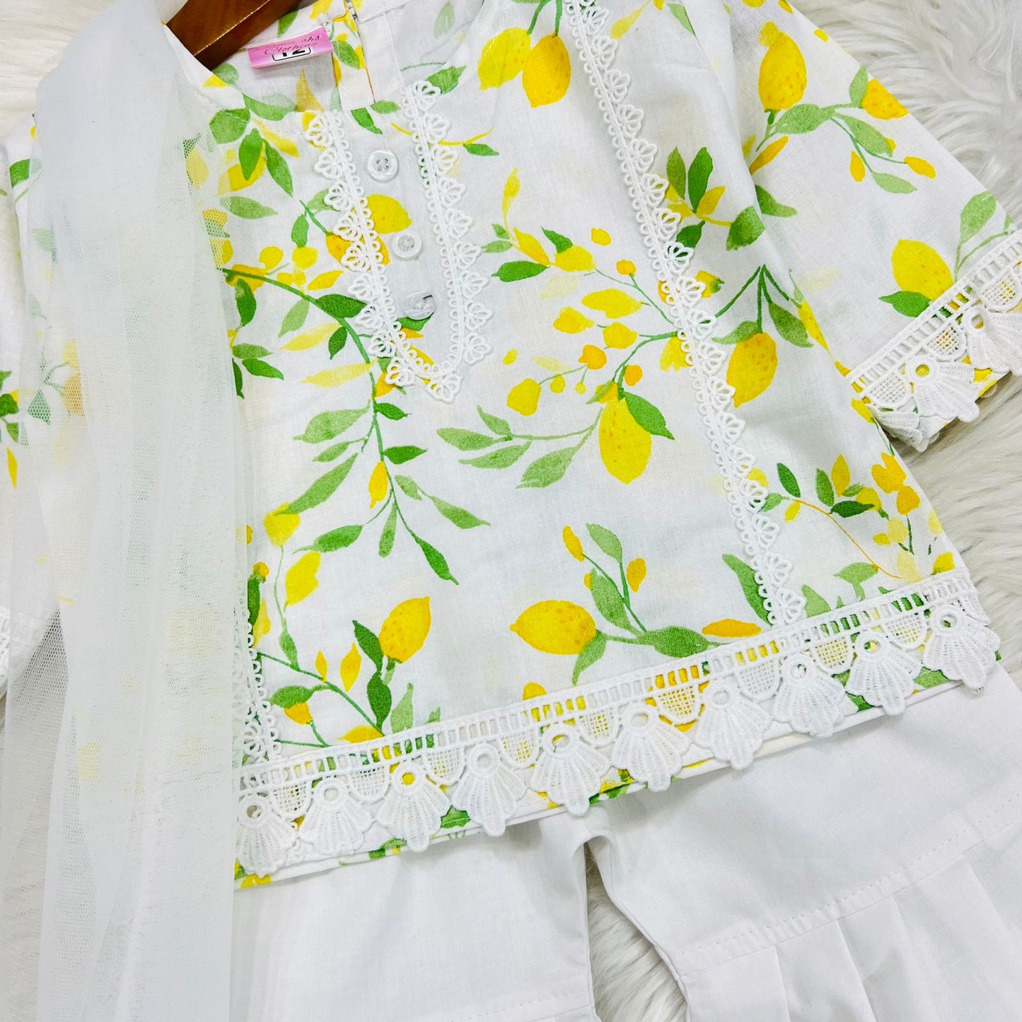 White Lemon Print Top With White Trimming Lace White Garara Net Duppatta Cotton Stuff