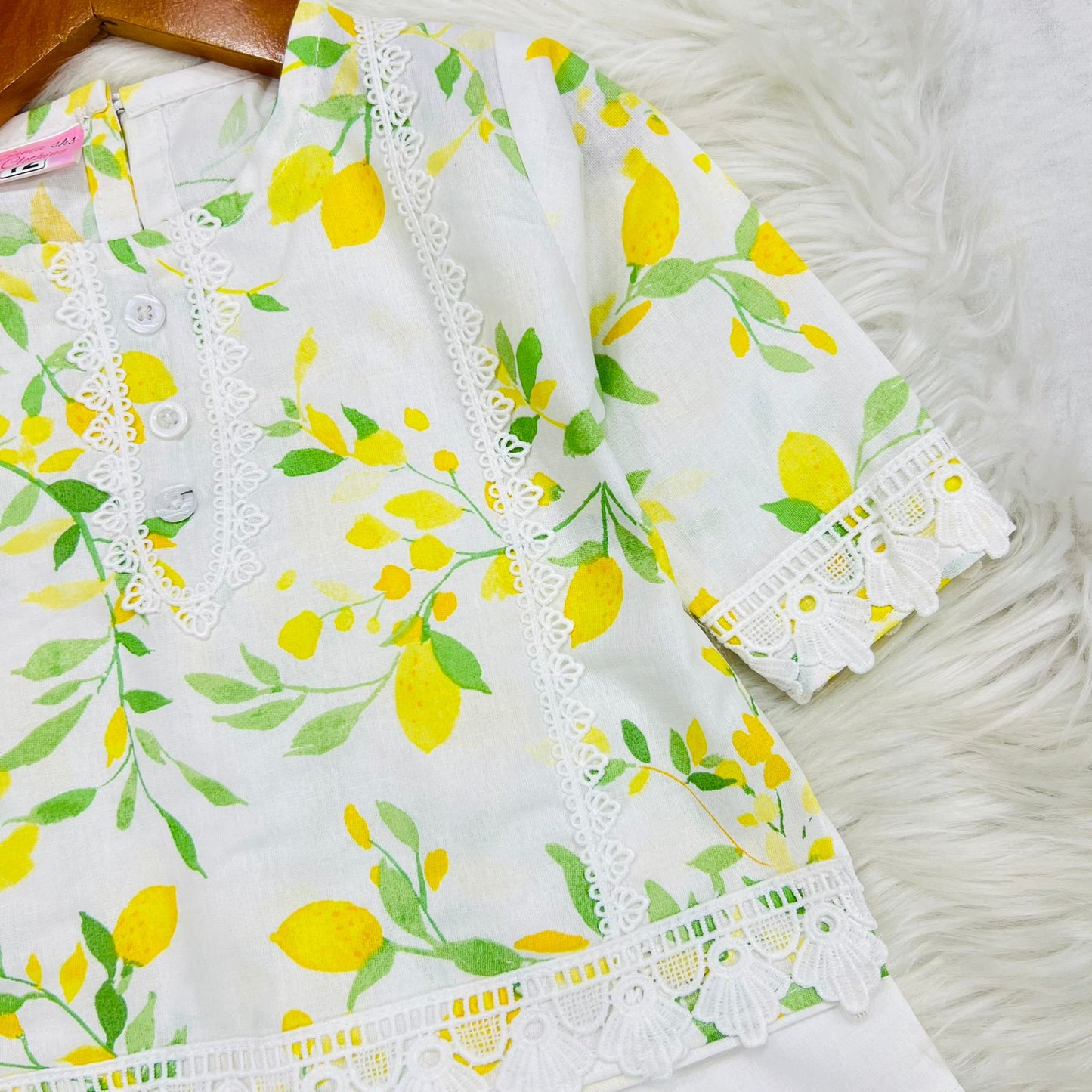 White Lemon Print Top With White Trimming Lace White Garara Net Duppatta Cotton Stuff