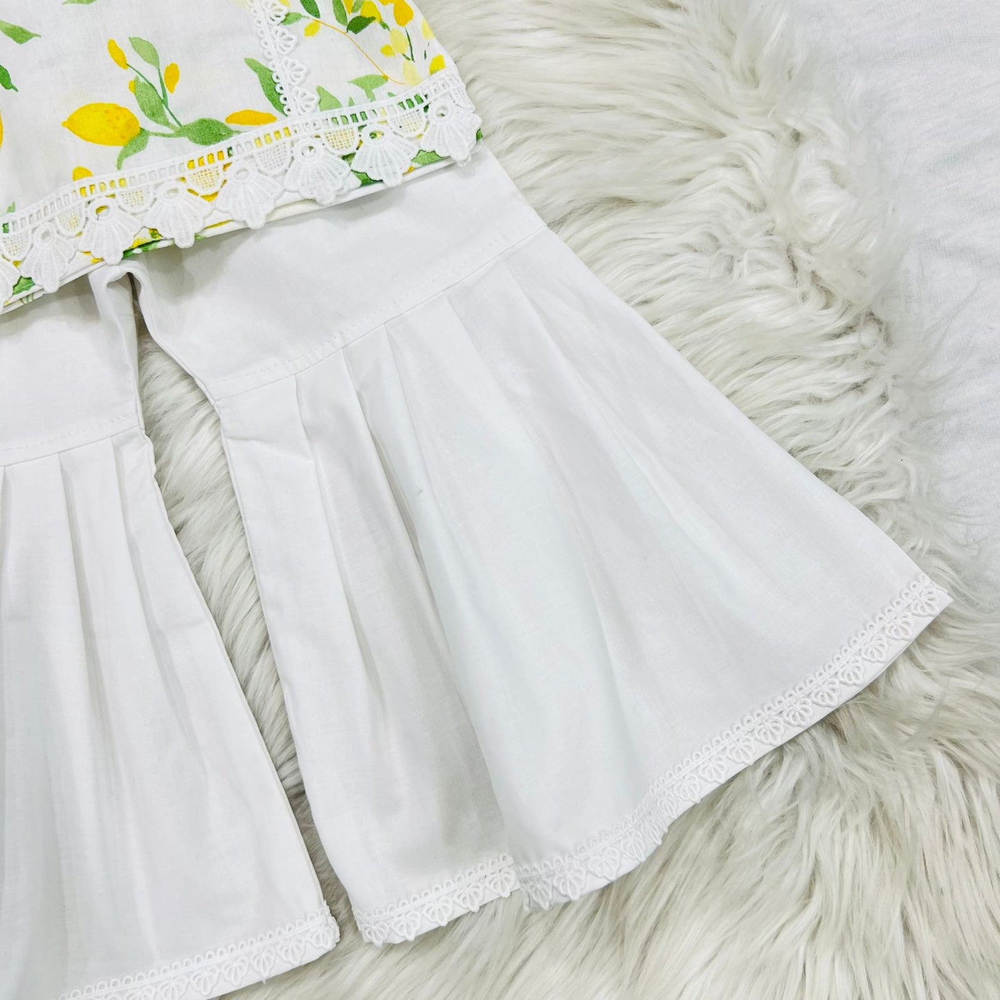 White Lemon Print Top With White Trimming Lace White Garara Net Duppatta Cotton Stuff