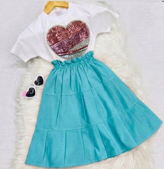 White Sequins Heart Blended Top Light Blue Pleated Long Skirt Cotton