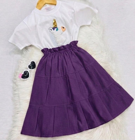 White Unicorn Blended Top Pruple Pleated Long Skirt Cotton
