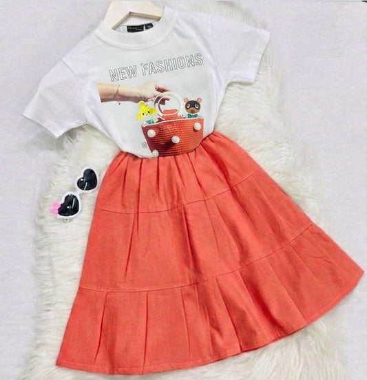 White Print Blended Top Peech Pleated Long Skirt Cotton