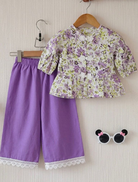 Floral-Patterned Peplum Top With White Floral Button Closures & Purple White Lace Trim Trousers