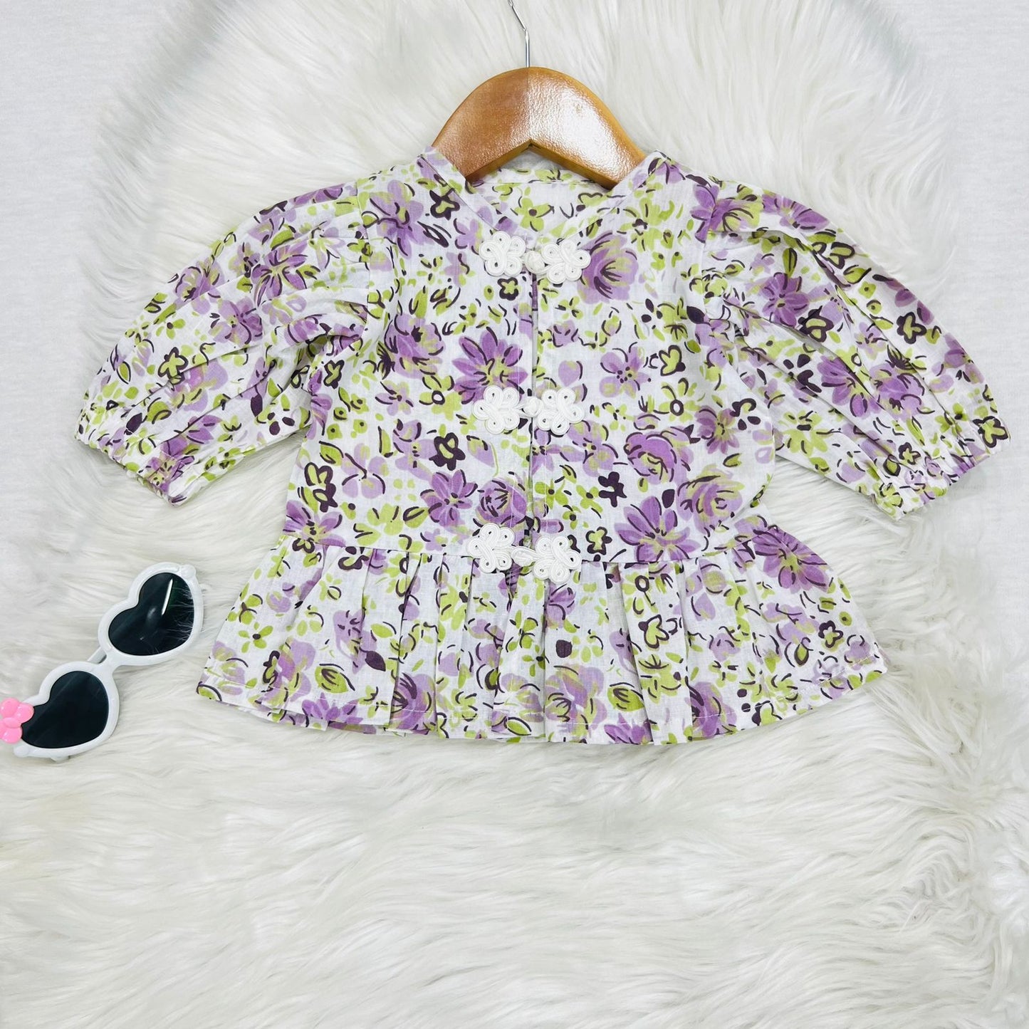 Floral-Patterned Peplum Top With White Floral Button Closures & Purple White Lace Trim Trousers