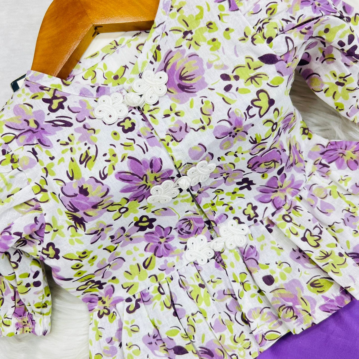 Floral-Patterned Peplum Top With White Floral Button Closures & Purple White Lace Trim Trousers