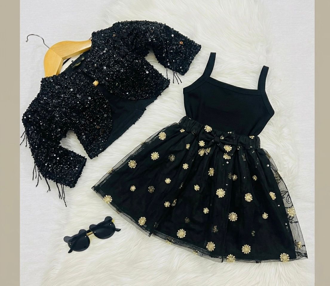 Black Sequined Jacket, A Matching Black Camisole Top, A Black Mesh Skirt With Gold Floral Embroidery