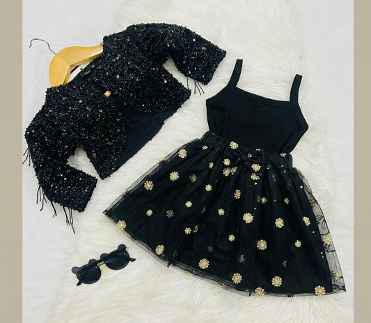 Black Sequined Jacket, A Matching Black Camisole Top, A Black Mesh Skirt With Gold Floral Embroidery