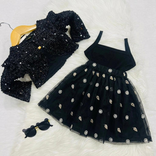 Black Sequined Jacket, A Matching Black Camisole Top, A Black Mesh Skirt With Silver Floral Embroidery