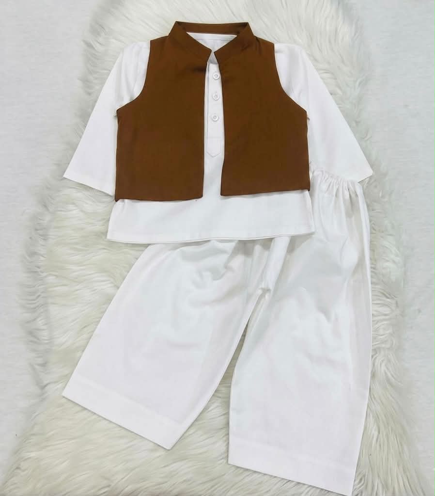 White Kurta Brown Waistcoat White Shalwar Cotton Stuff