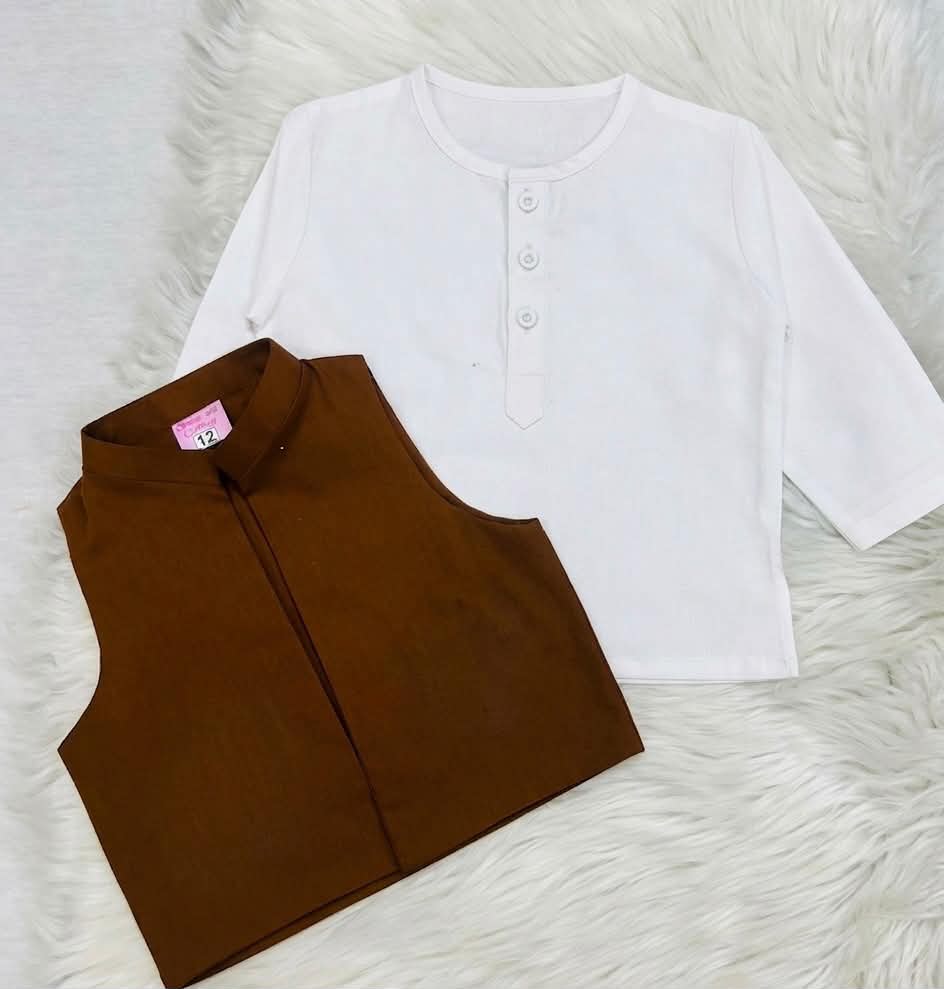 White Kurta Brown Waistcoat White Shalwar Cotton Stuff
