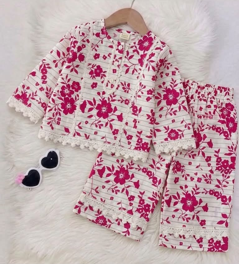 White Pink Flroral Top Trouser Cotton Stuff