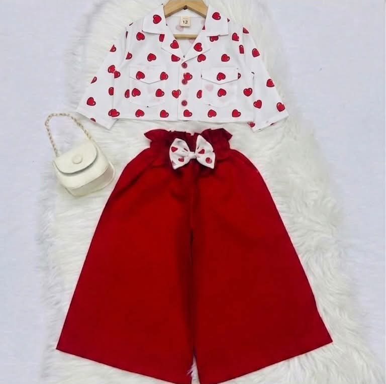 White Heart Coat Collar Top Red Plazo Cotton Stuff