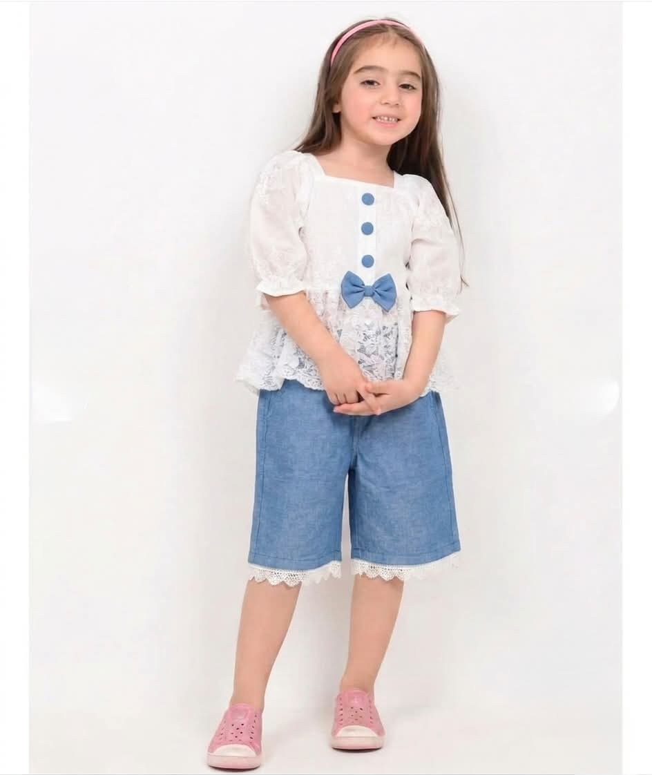 White Net Frock Blue Denim Shorts