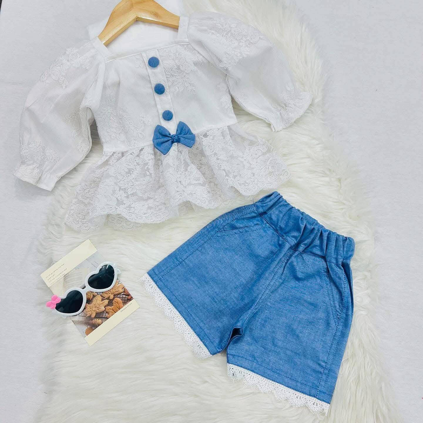 White Net Frock Blue Denim Shorts