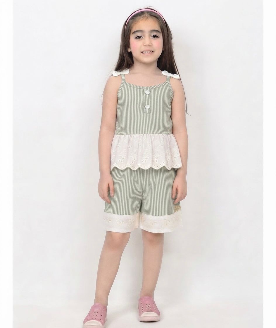 Whitr Green Striped Cotton Cord Set