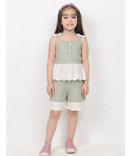 Whitr Green Striped Cotton Cord Set
