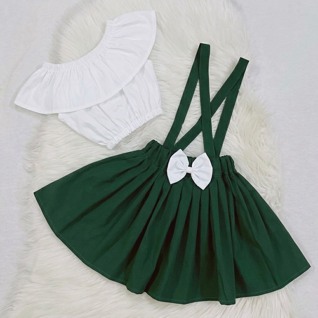 White Top Green Straps Skirt Cotton