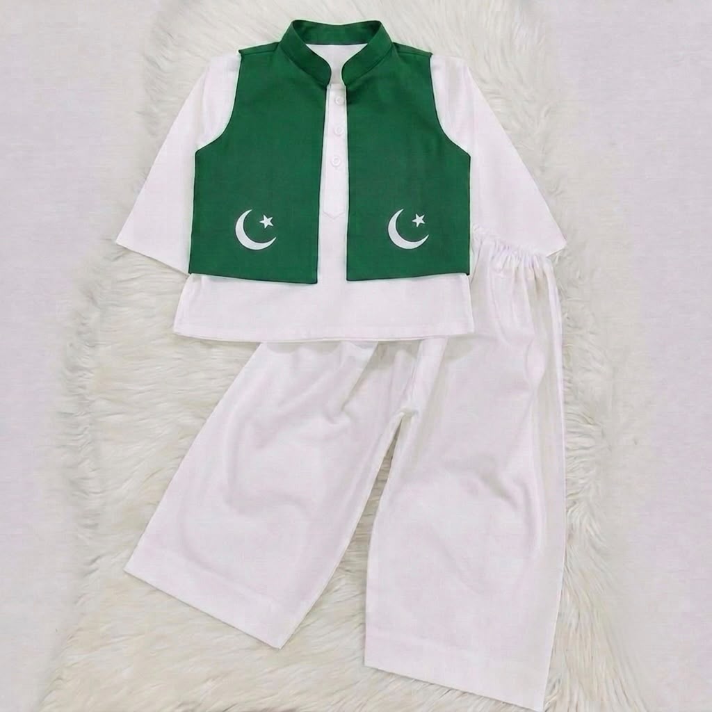White Kurta Green WaistCoat Shalwar