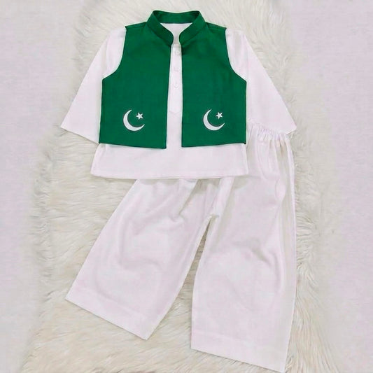 White Kurta Green WaistCoat Shalwar