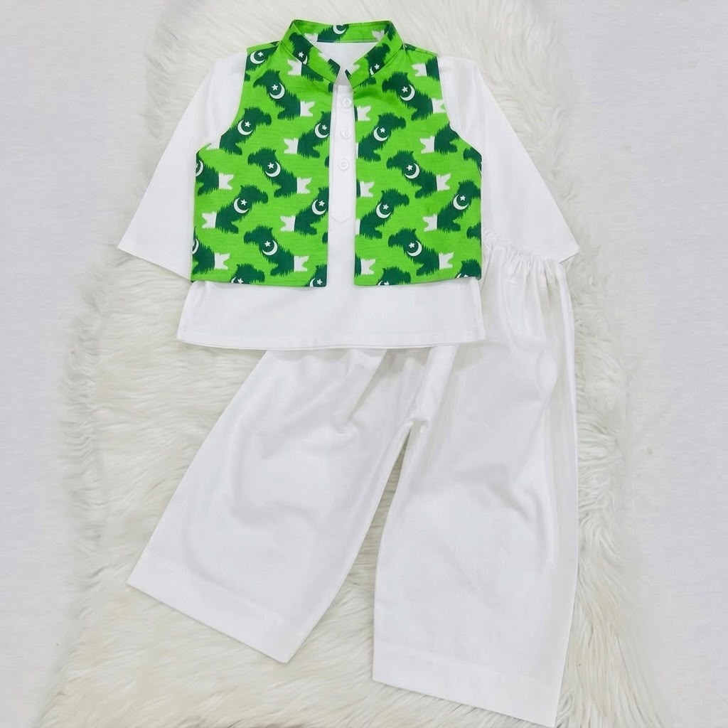 White Kurta Green Print WaistCoat Shalwar Cotton