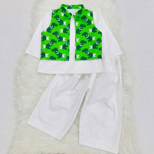 White Kurta Green Print WaistCoat Shalwar Cotton