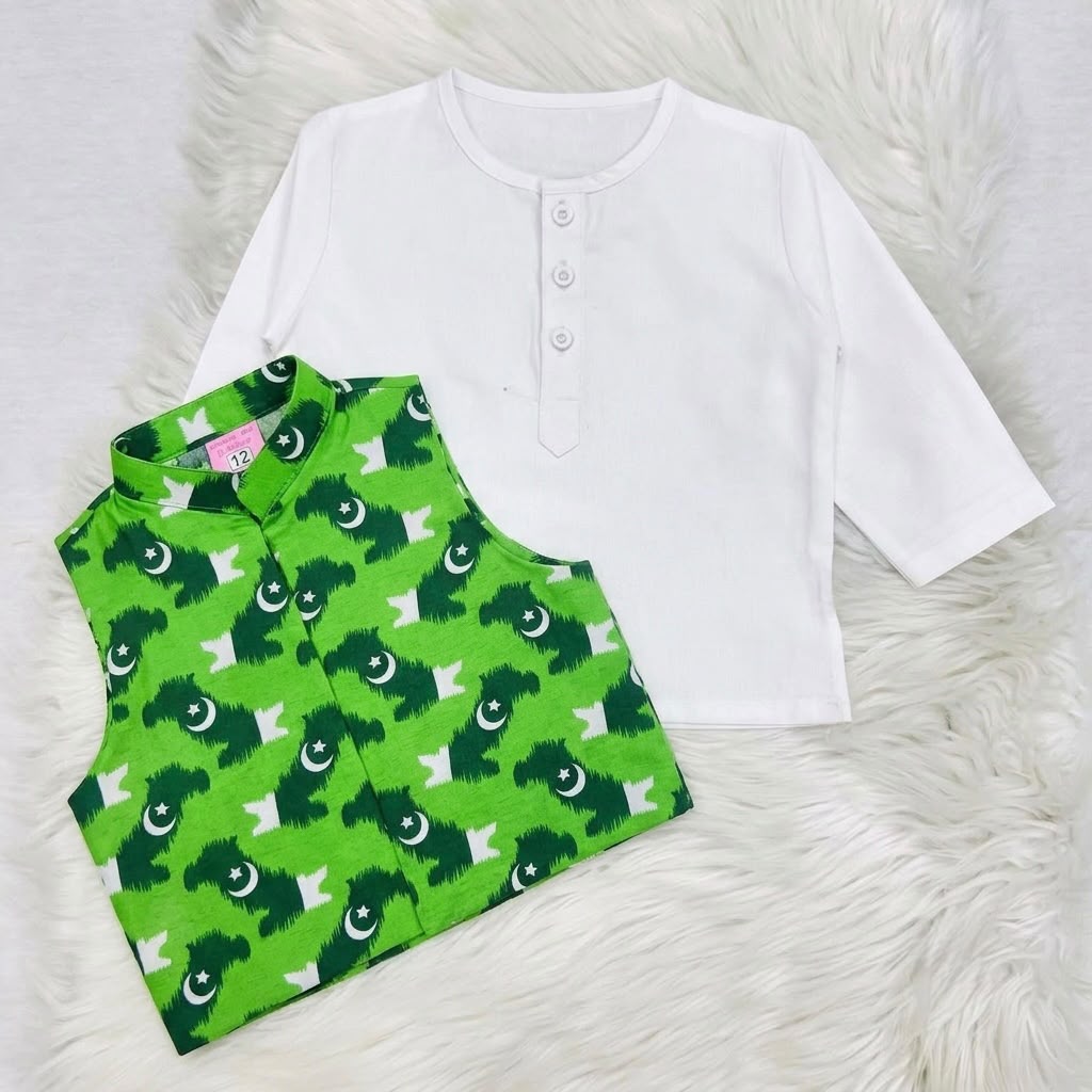 White Kurta Green Print WaistCoat Shalwar Cotton