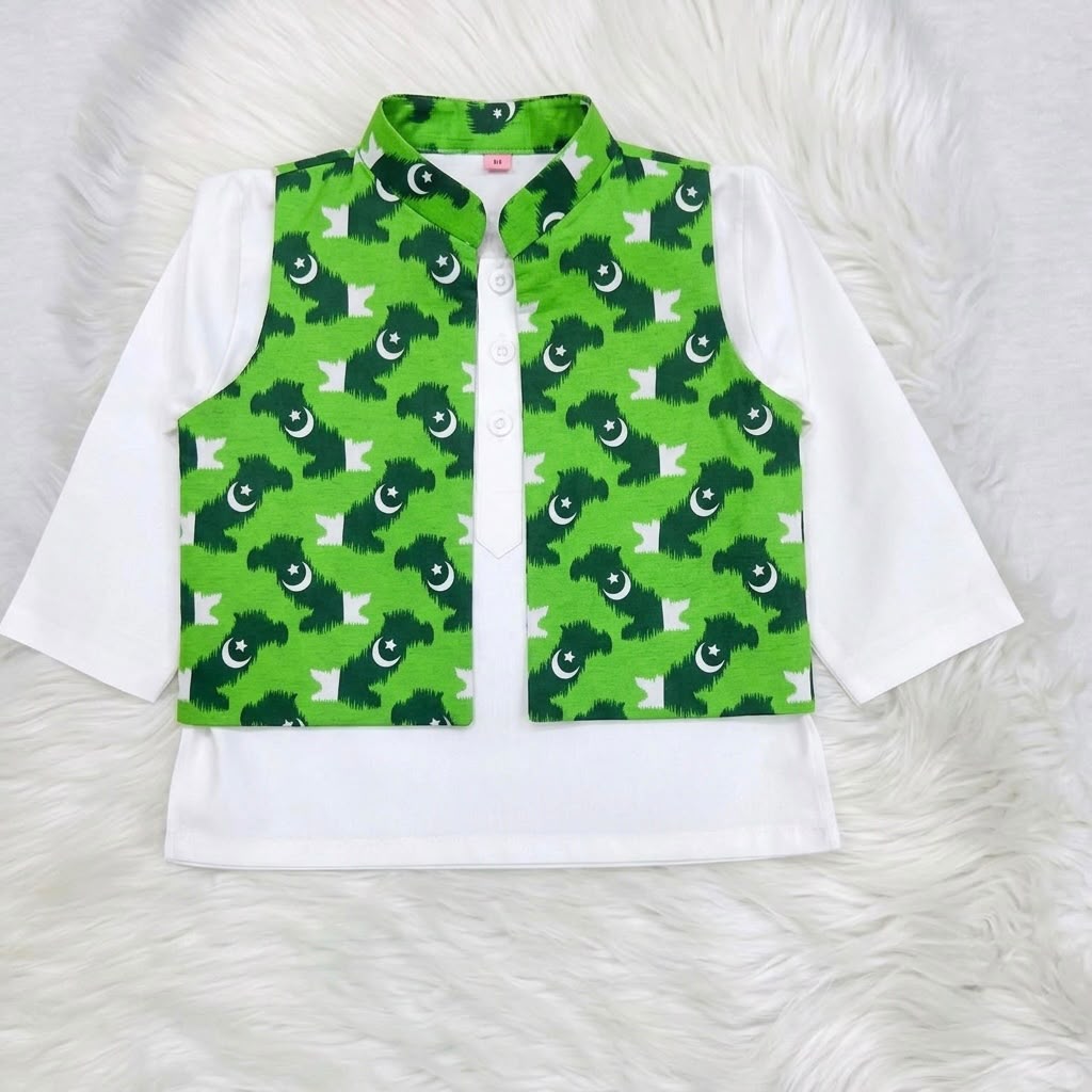 White Kurta Green Print WaistCoat Shalwar Cotton