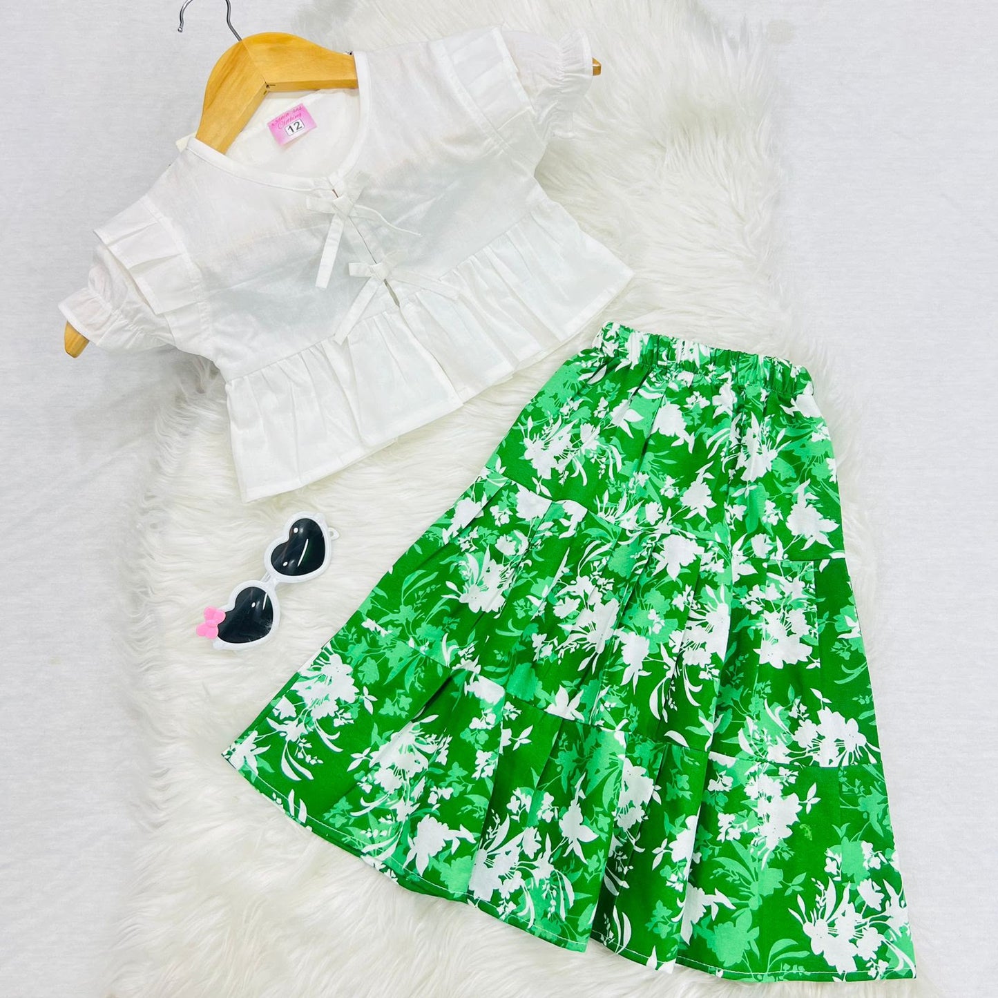 White Mini Frock Green Print Long Skirt
