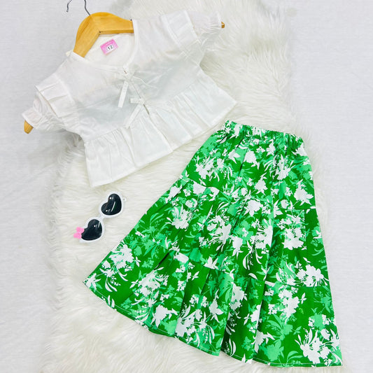 White Mini Frock Green Print Long Skirt