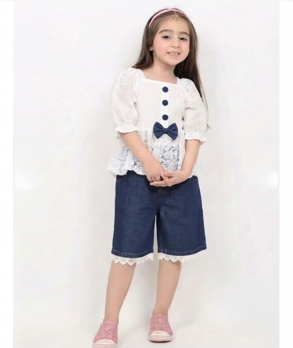 White Net Frock Blue Denim Shorts