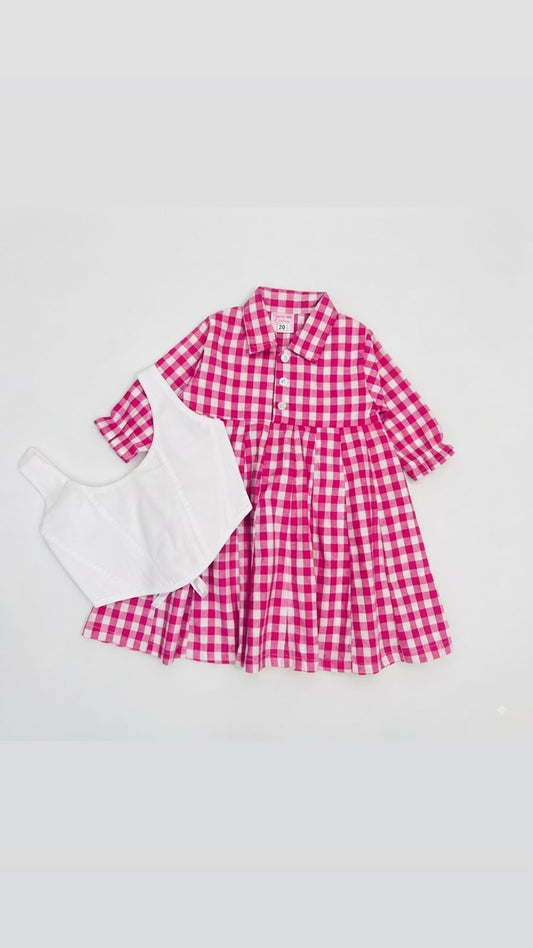 White Corest Top Pink White Check Frock Cotton Stuff