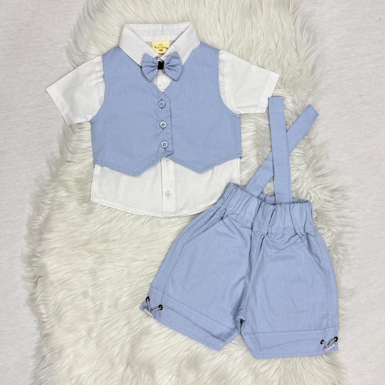 Light Blue Waistcoat White Button Down Shirt Shorts Cotton