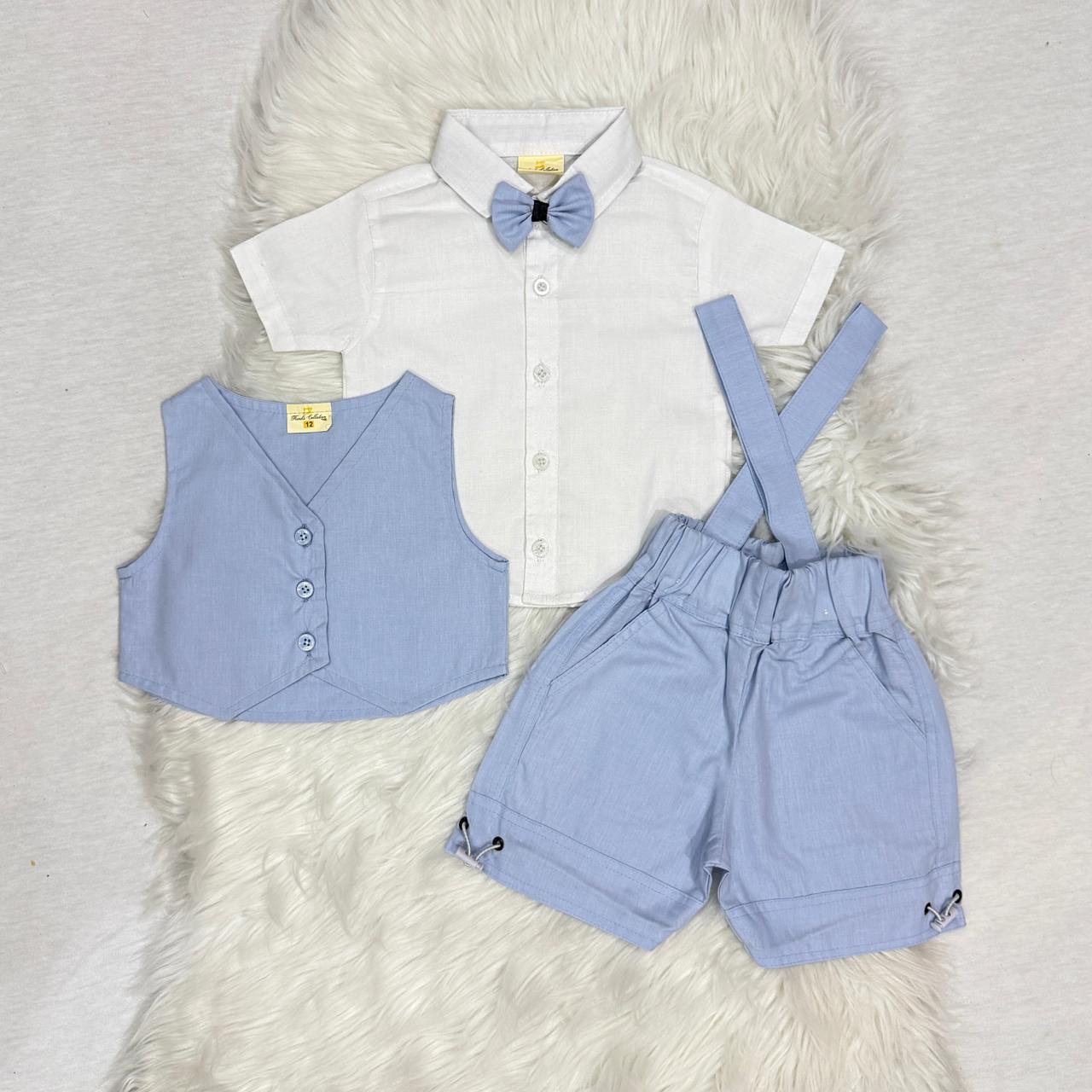Light Blue Waistcoat White Button Down Shirt Shorts Cotton