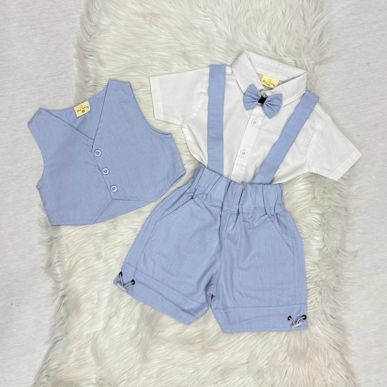 Light Blue Waistcoat White Button Down Shirt Shorts Cotton