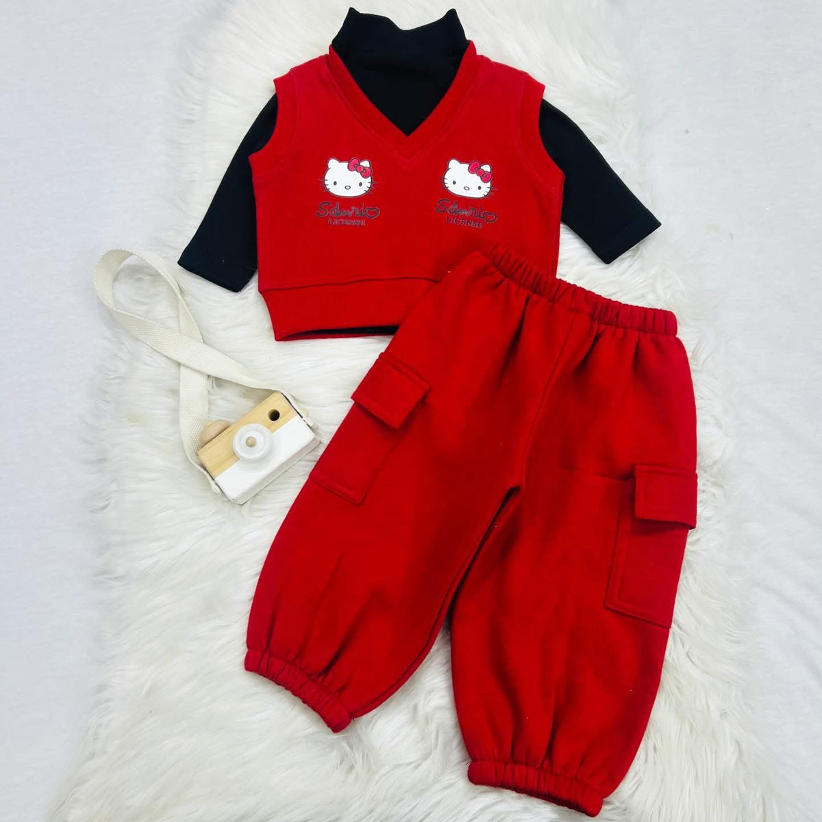 Red & Black Hello Kitty Themed Children's Outfit Set With Sweater Vest, Turtleneck & Cargo Pants 3 Piece Fleece Stuff