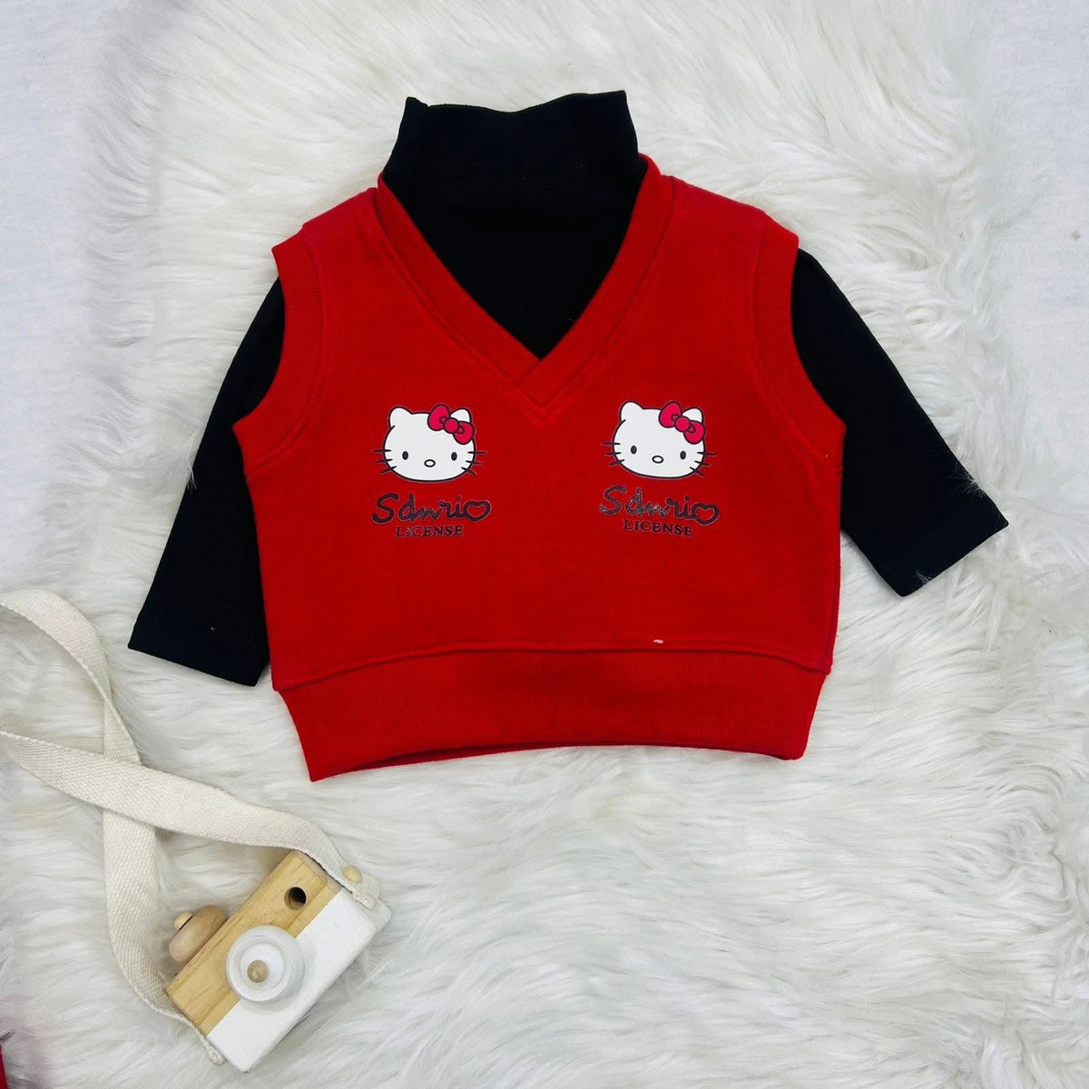 Red & Black Hello Kitty Themed Children's Outfit Set With Sweater Vest, Turtleneck & Cargo Pants 3 Piece Fleece Stuff