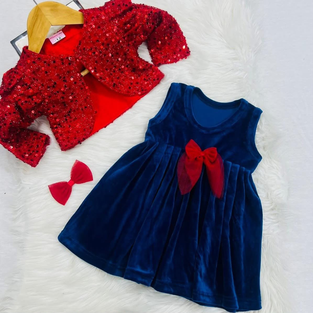 A red sequin jacket and blue velvet party dress set for baby girls